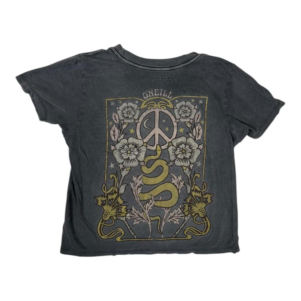 O'Neill T-Shirt Womens Small Gray Cropped Peace Snake Floral Boho Y2K